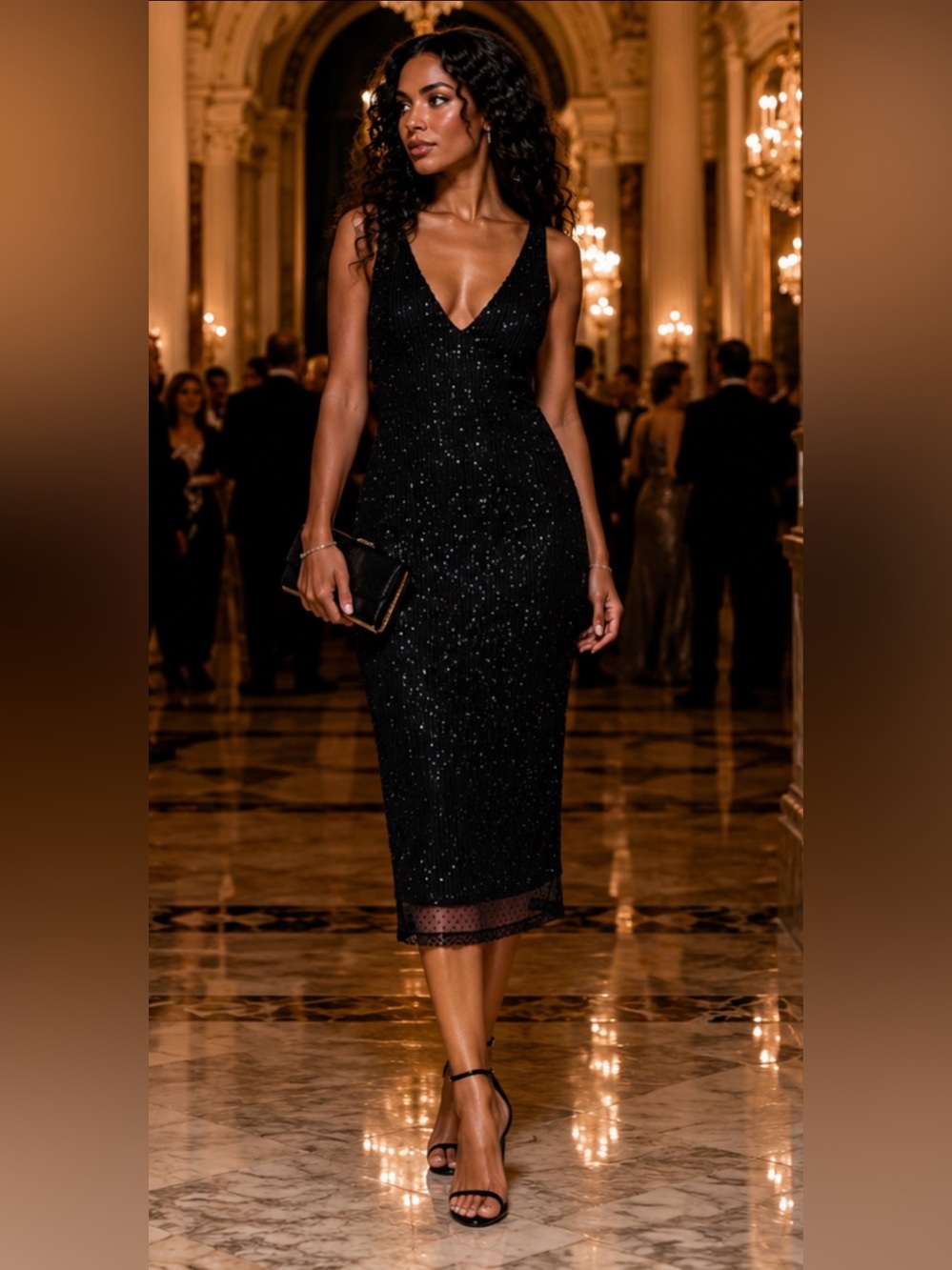 Ralph Lauren Black Sequin V-Neck Midi Cocktail Dress